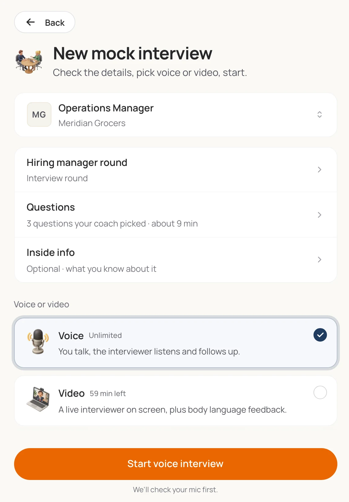 Mock interview setup: your round, the questions your coach picked, voice or video